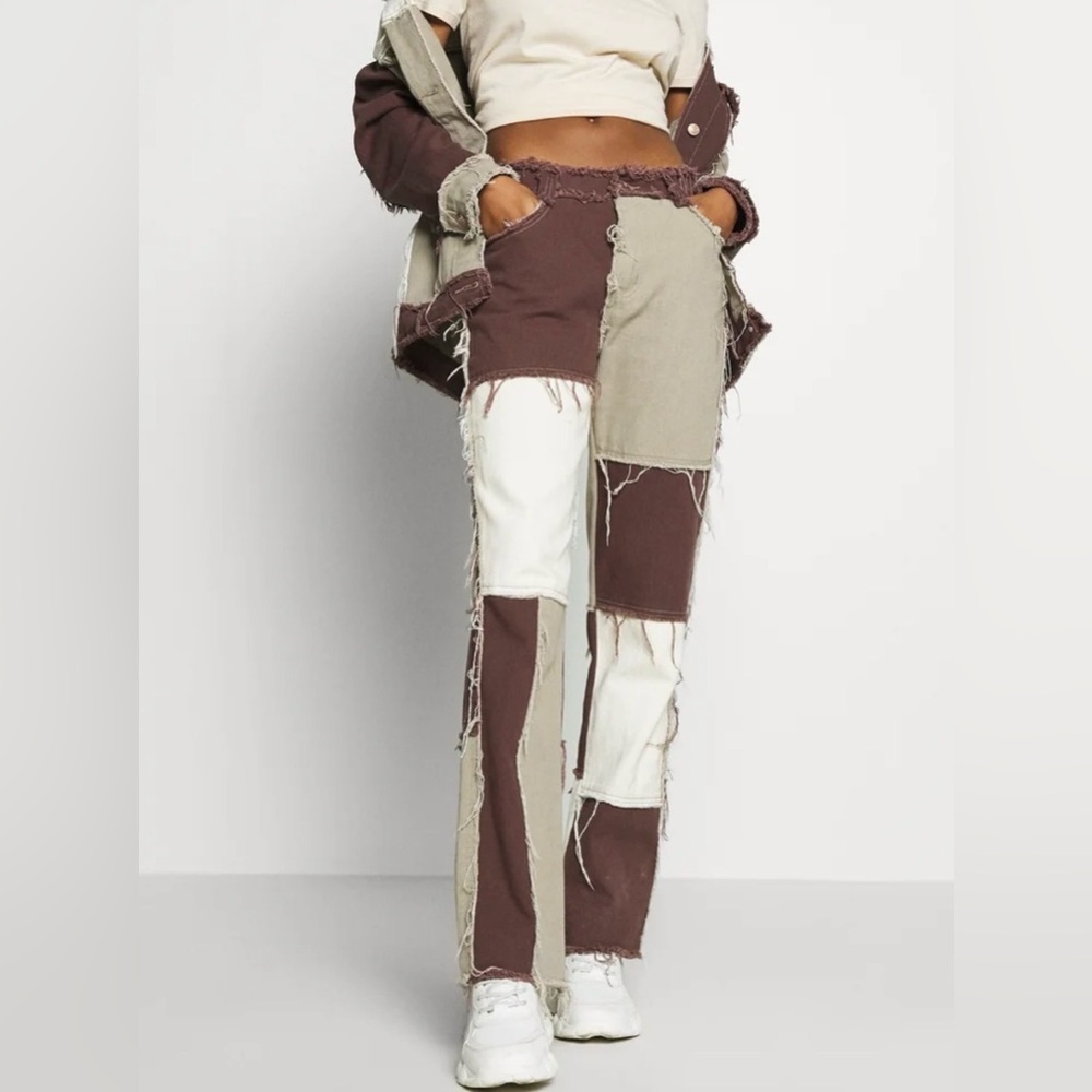 Patchwork Boyfriend Pants Brown Tan Cream Distressed Raw Edge Y2K Grunge Sz W 30